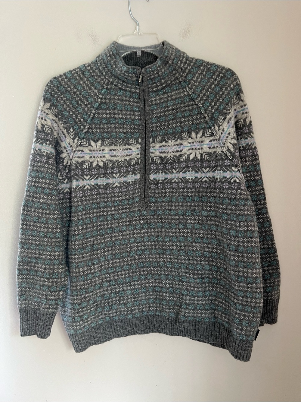 Woolrich Fair Isle 100% LambsWool Sweater Women’s Plus 2X Gray Blue Half Zip ***